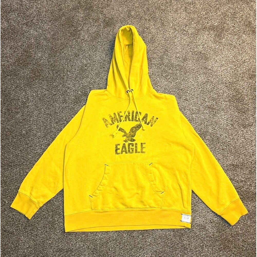 American Eagle Men's Yellow Authentic Varsity Fleece Logo Pullover Hoodie L